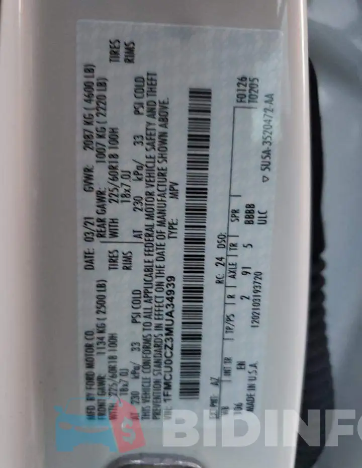 1FMCU0CZ3MUA34939 Photo# 13