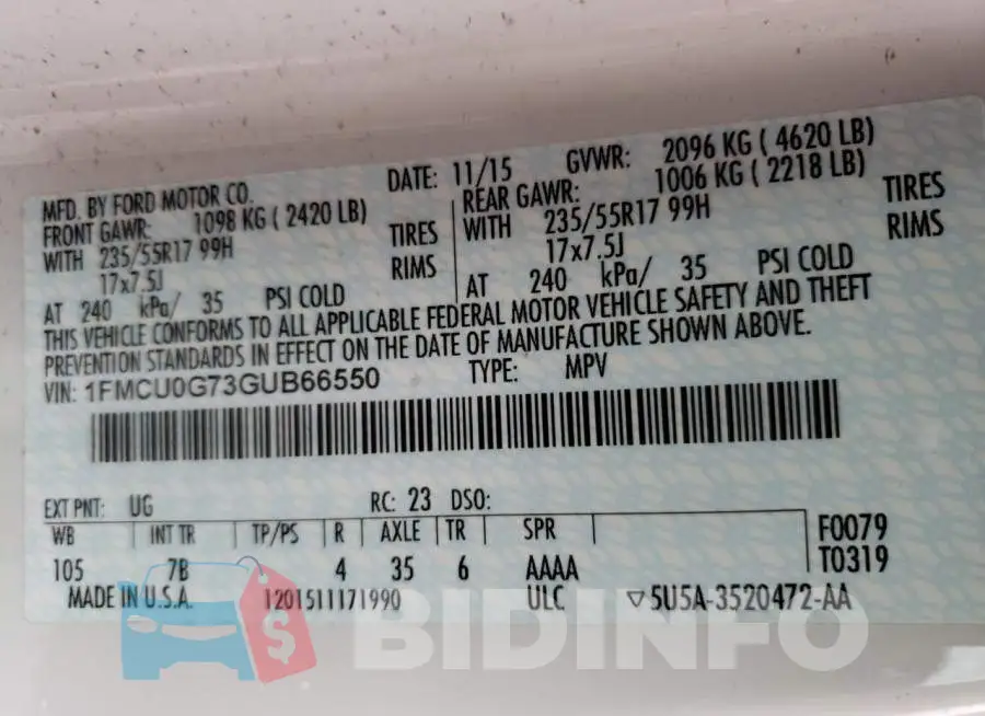 1FMCU0G73GUB66550 Photo# 13