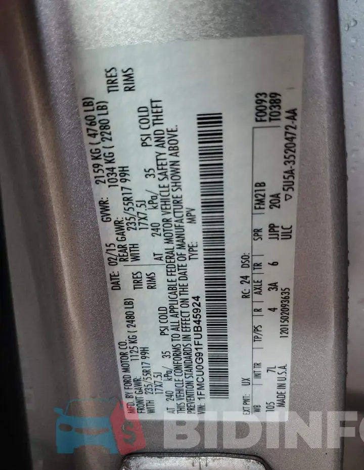 1FMCU0G91FUB45924 Photo# 12