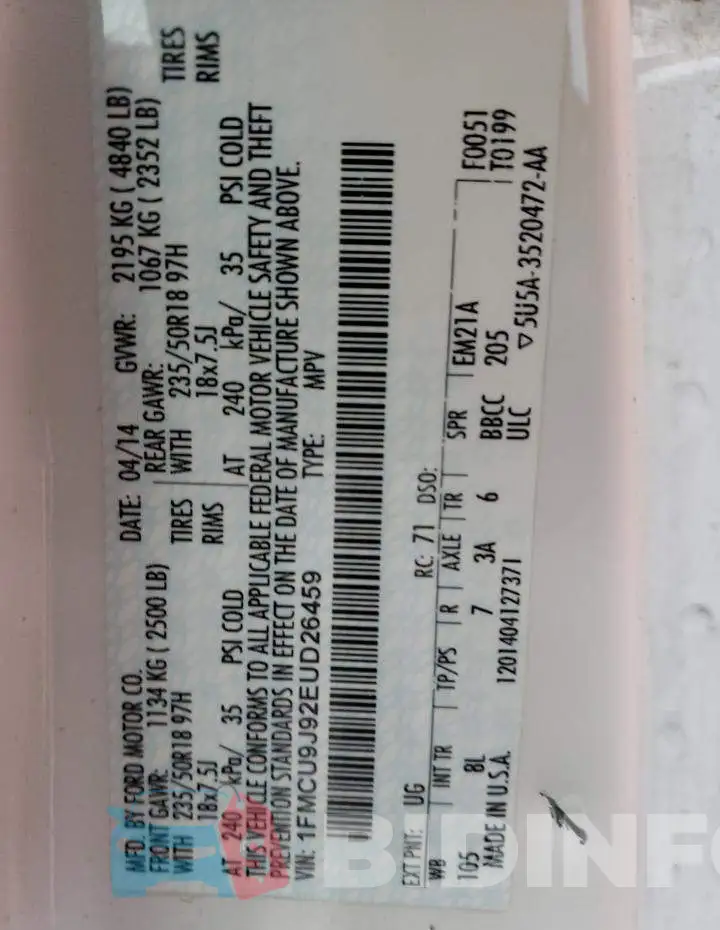 1FMCU9J92EUD26459 Photo# 12