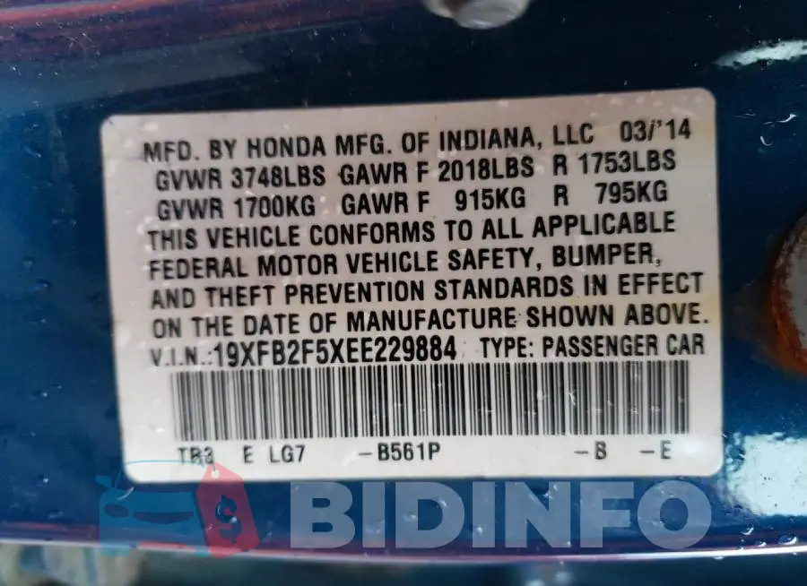 19XFB2F5XEE229884 Photo# 13