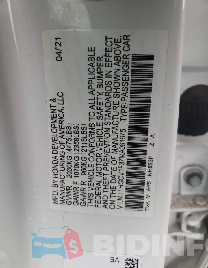 1HGCV1F37MA061675 Photo# 12