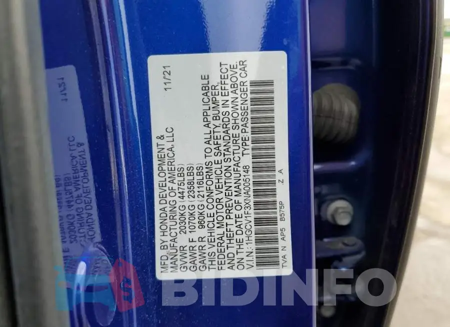 1HGCV1F3XNA005148 Photo# 12