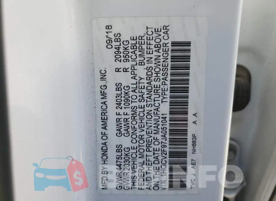 1HGCV2F97JA051041 Photo# 10