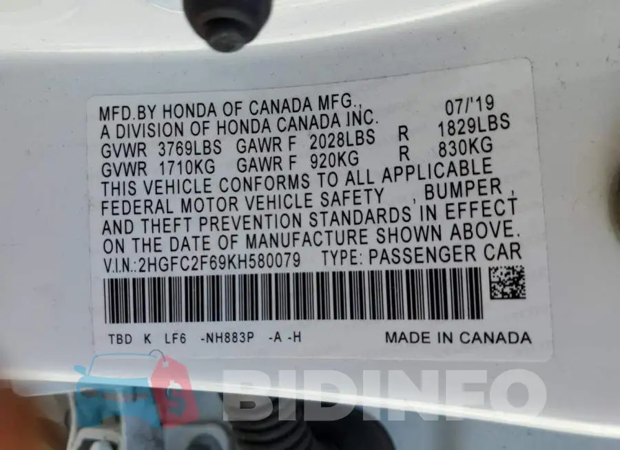 2HGFC2F69KH580079 Photo# 12
