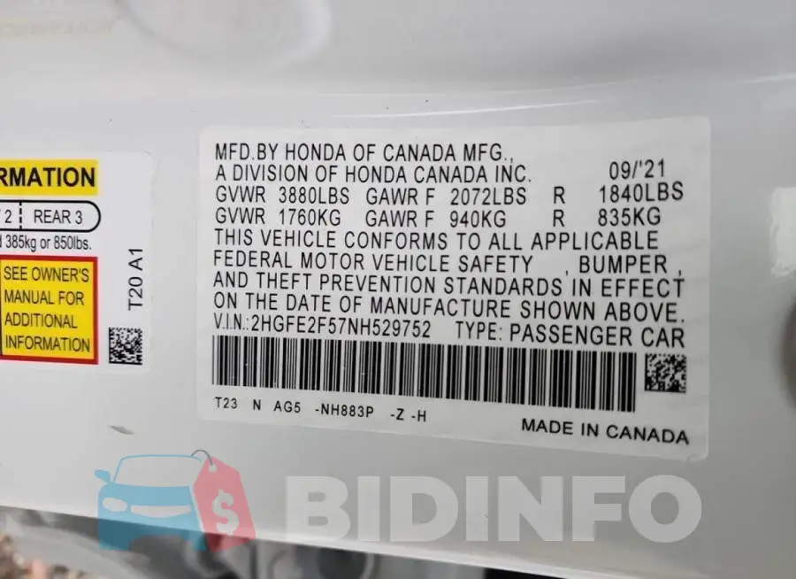 2HGFE2F57NH529752 Photo# 14