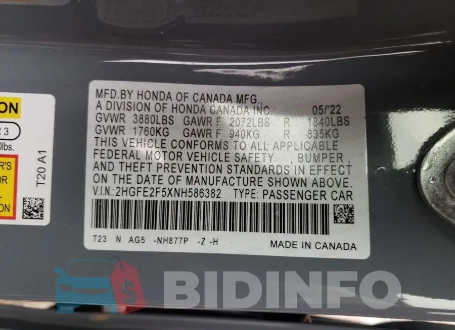 2HGFE2F5XNH586382 Photo# 12