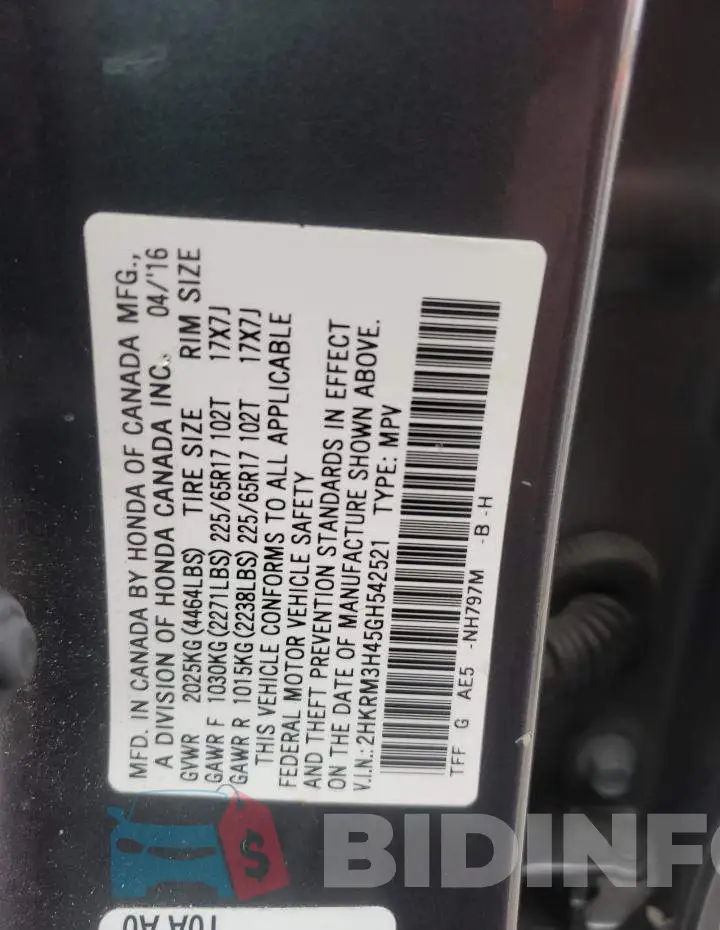 2HKRM3H45GH542521 Photo# 12