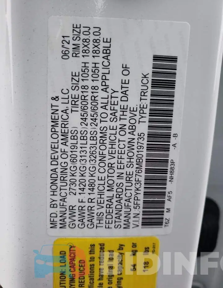 5FPYK3F76MB019735 Photo# 12