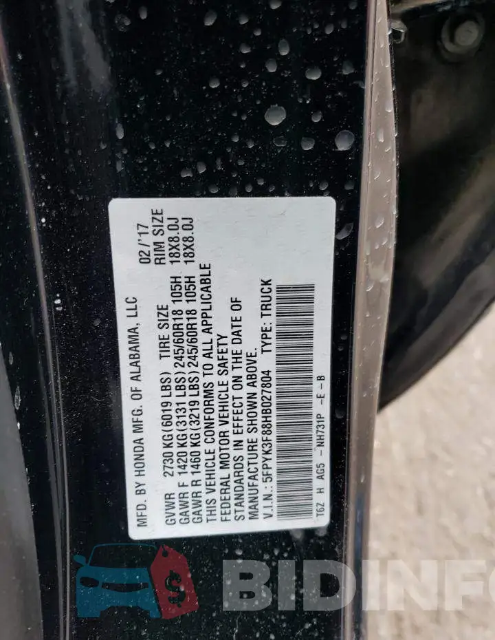5FPYK3F88HB027804 Photo# 12