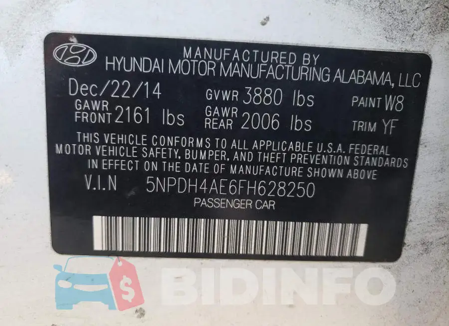 5NPDH4AE6FH628250 Photo# 13