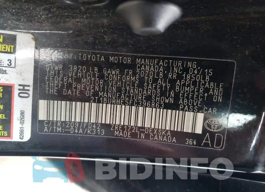 2T1BURHE5FC396863 Photo# 12