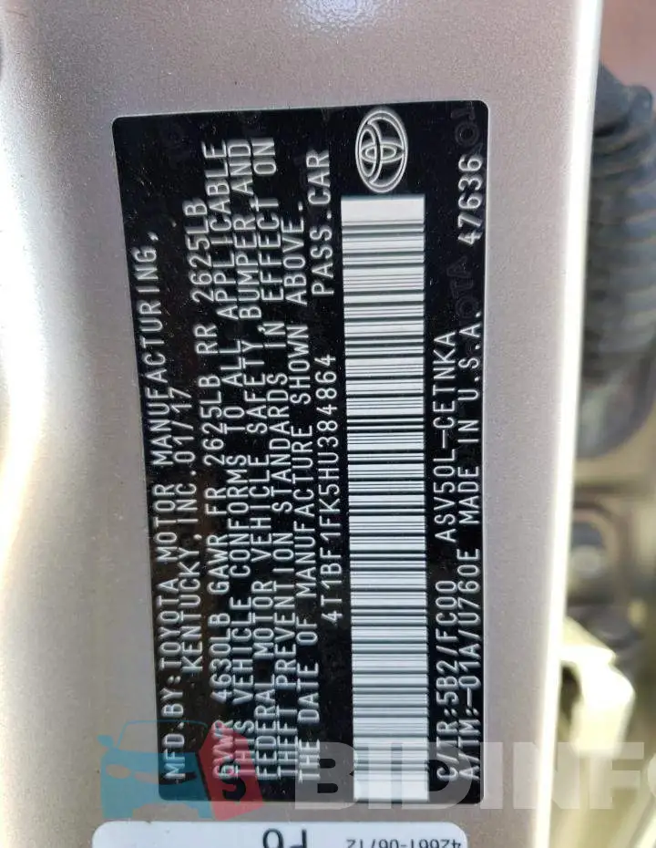 4T1BF1FK5HU384864 Photo# 12