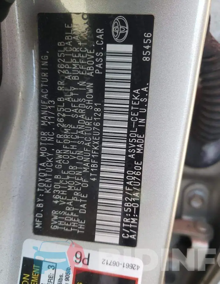4T1BF1FKXEU761281 Photo# 12