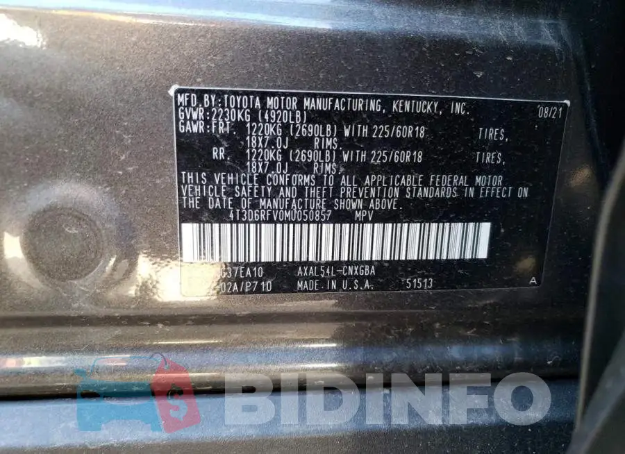4T3D6RFV0MU050857 Photo# 10