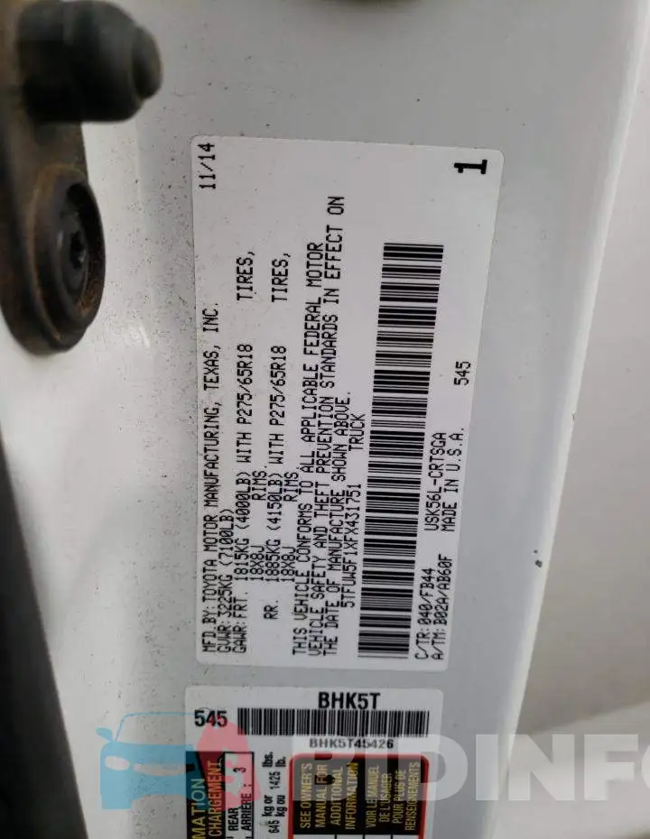 5TFUW5F1XFX431751 Photo# 12