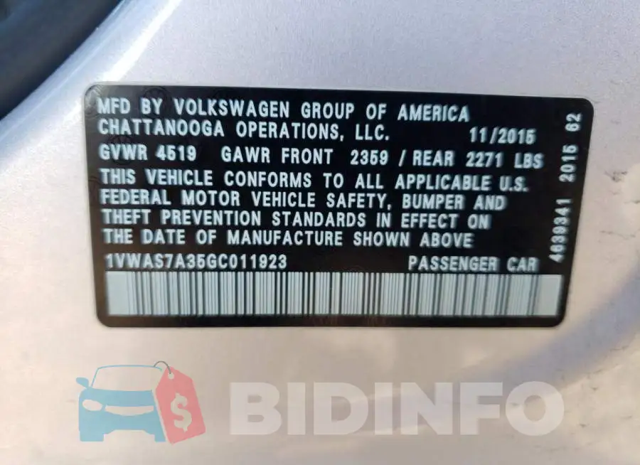 1VWAS7A35GC011923 Photo# 10