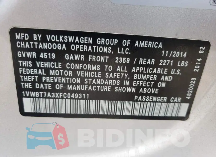 1VWBT7A3XFC049311 Photo# 12