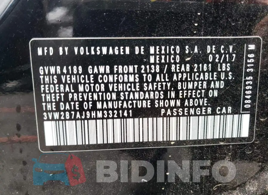 3VW2B7AJ9HM332141 Photo# 13