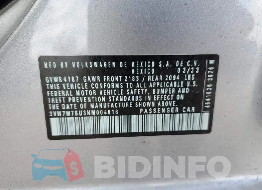 3VW7M7BU3NM004816 Photo# 12