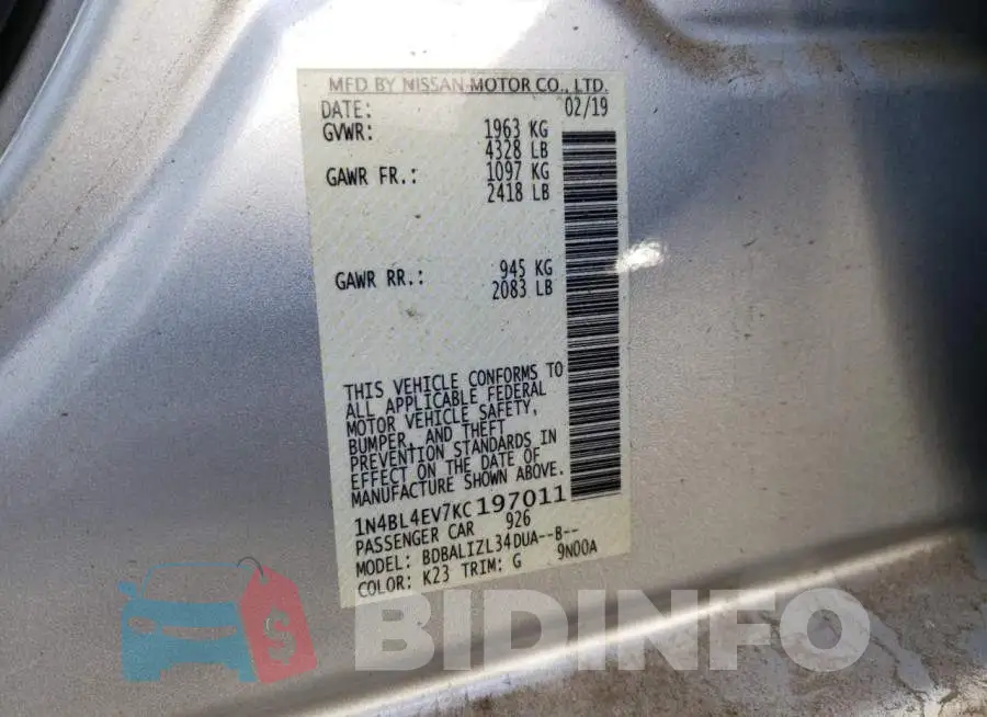 1N4BL4EV7KC197011 Photo# 12
