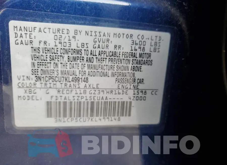 3N1CP5CU7KL499148 Photo# 12