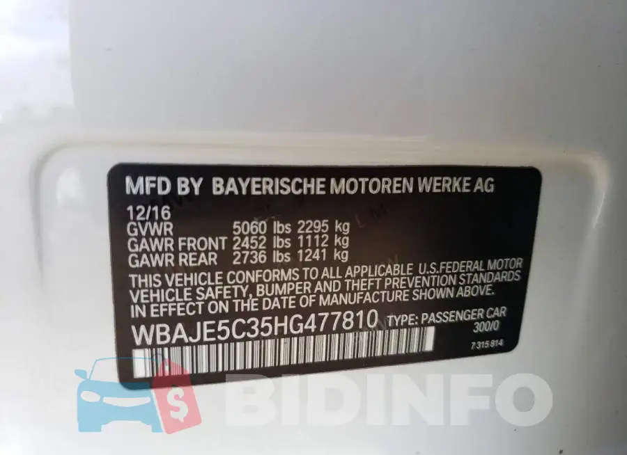 WBAJE5C35HG477810 Photo# 12