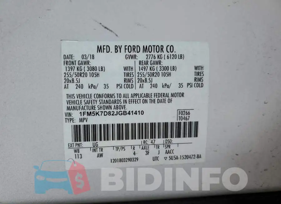 1FM5K7D82JGB41410 Photo# 13