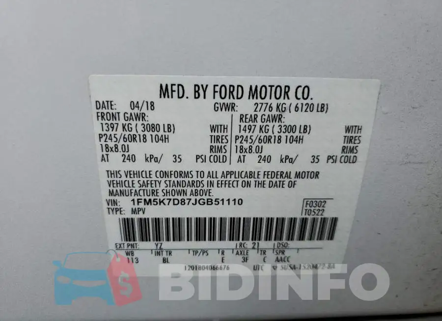 1FM5K7D87JGB51110 Photo# 10
