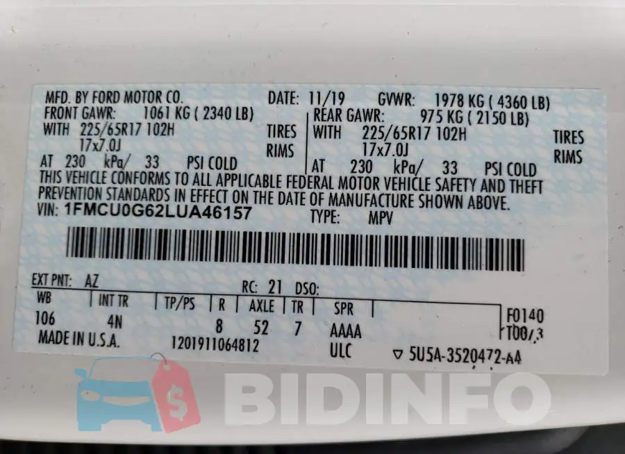 1FMCU0G62LUA46157 Photo# 13