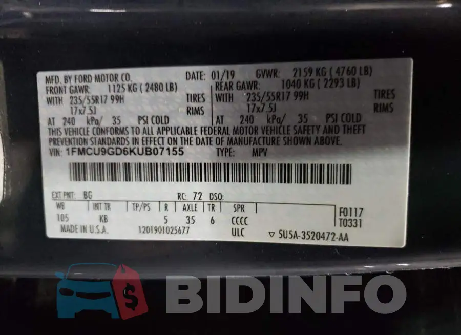 1FMCU9GD6KUB07155 Photo# 14
