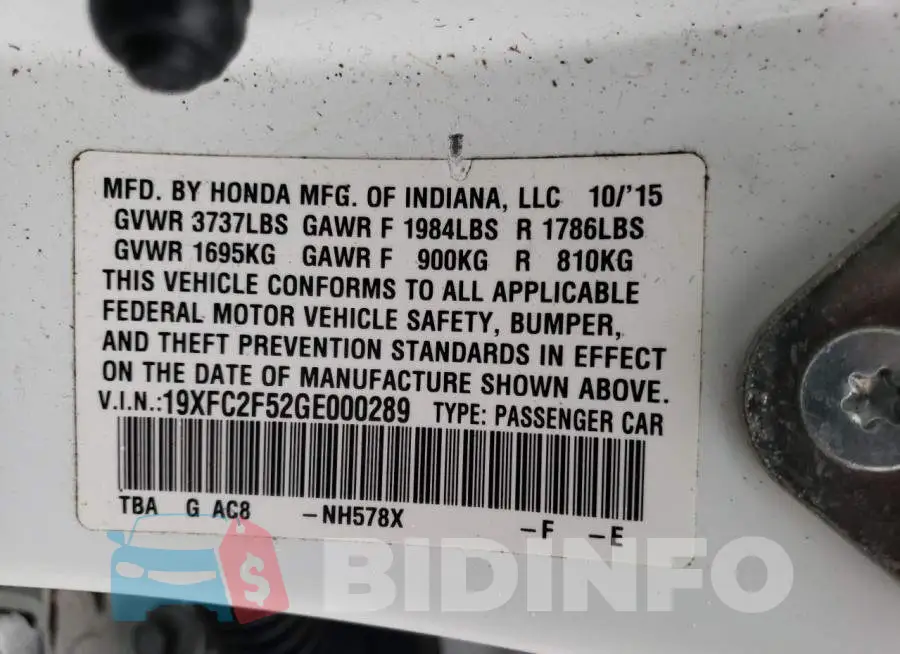 19XFC2F52GE000289 Photo# 12