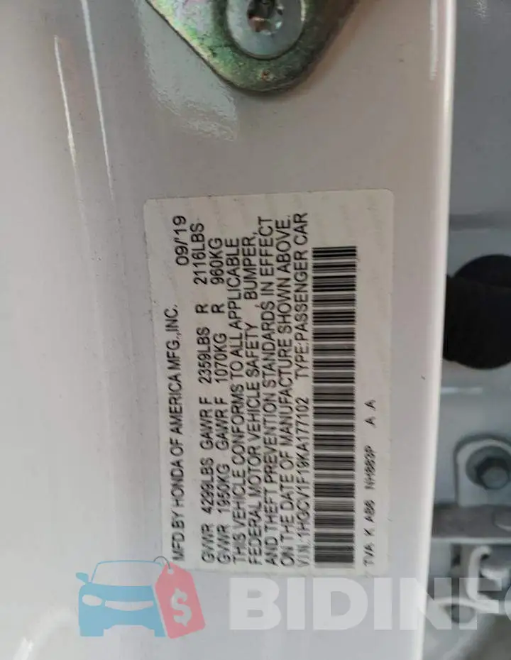 1HGCV1F19KA177102 Photo# 12