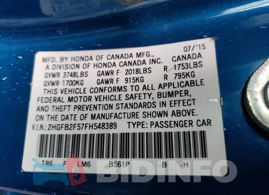 2HGFB2F57FH548389 Photo# 12