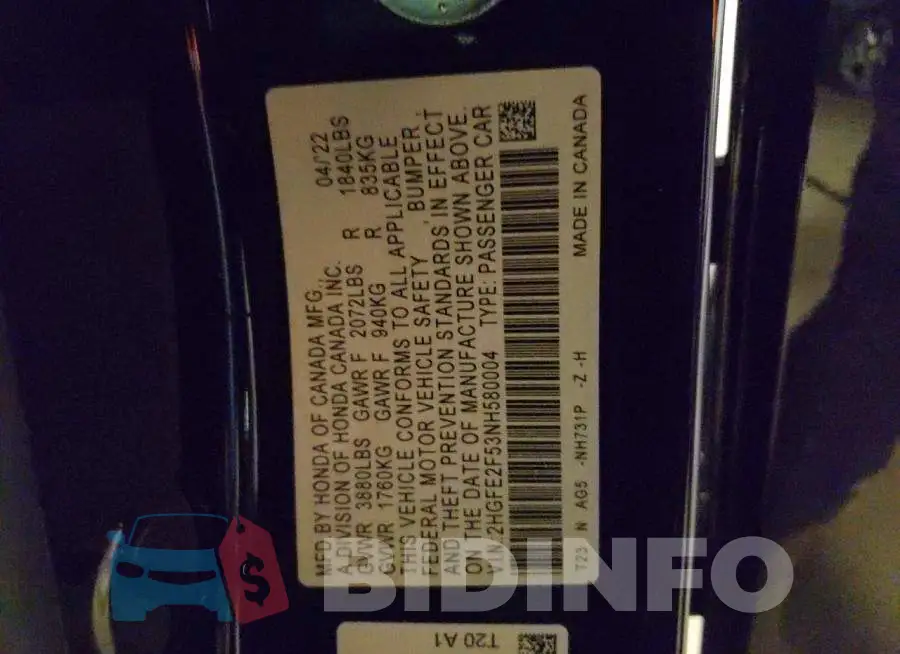 2HGFE2F53NH580004 Photo# 12
