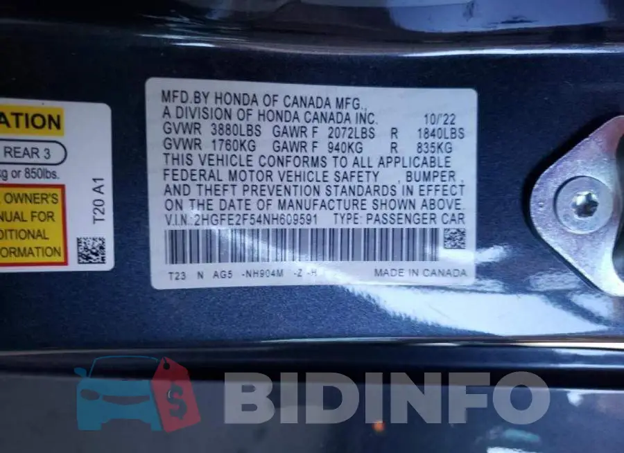 2HGFE2F54NH609591 Photo# 12