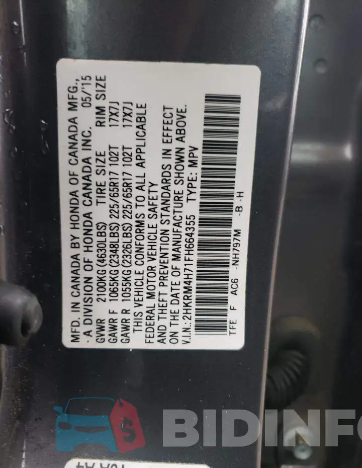 2HKRM4H71FH664355 Photo# 12