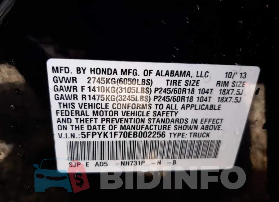 5FPYK1F70EB002256 Photo# 13