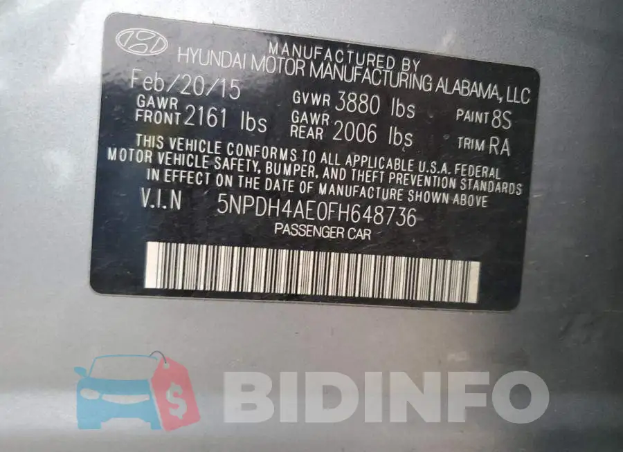 5NPDH4AE0FH648736 Photo# 12