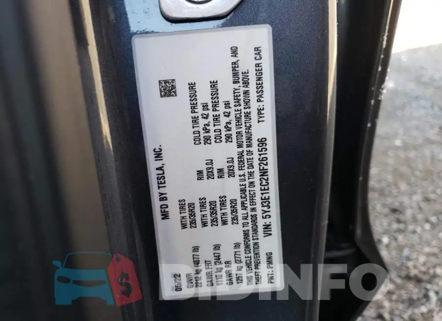 5YJ3E1EC2NF261596 Photo# 13