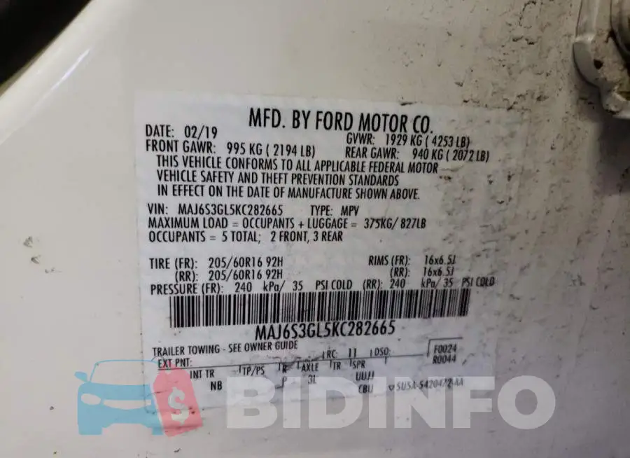 MAJ6S3GL5KC282665 Photo# 14