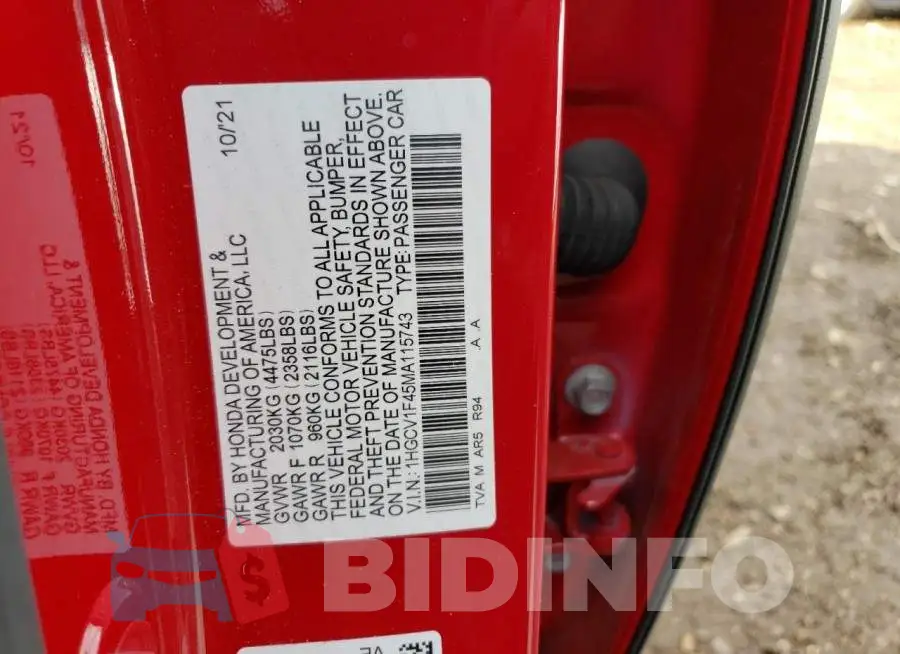 1HGCV1F45MA115743 Photo# 12
