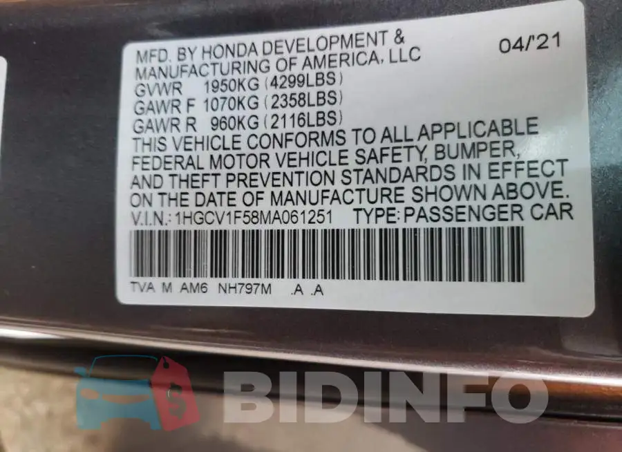 1HGCV1F58MA061251 Photo# 12