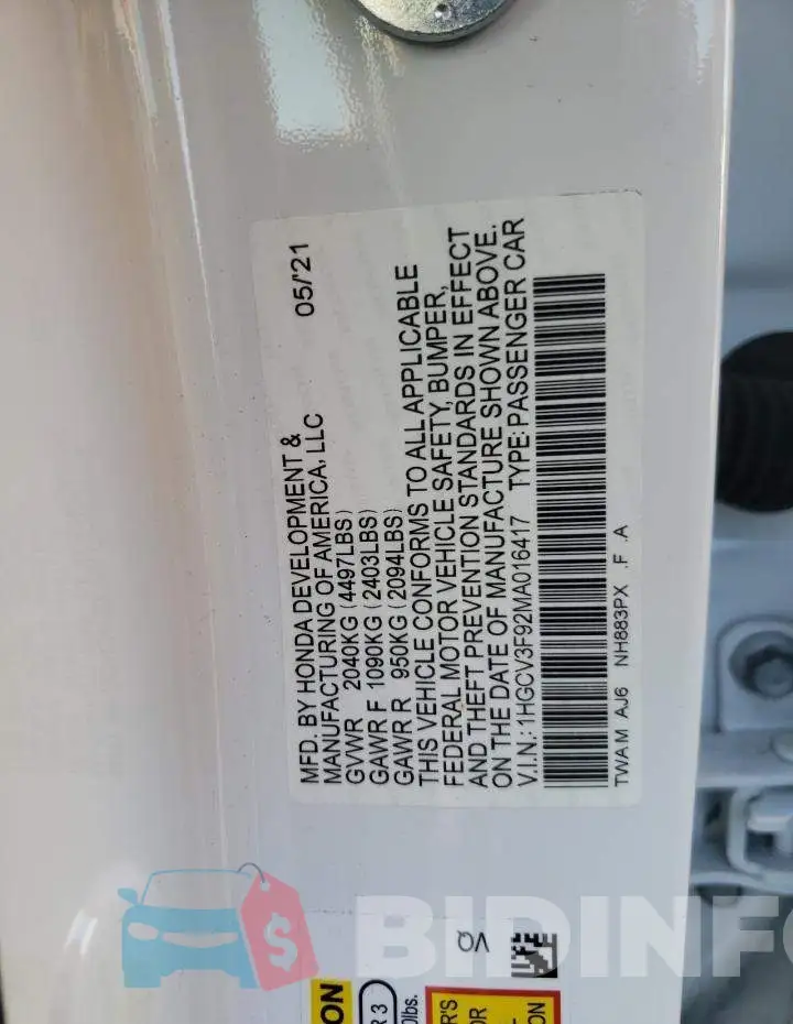 1HGCV3F92MA016417 Photo# 12