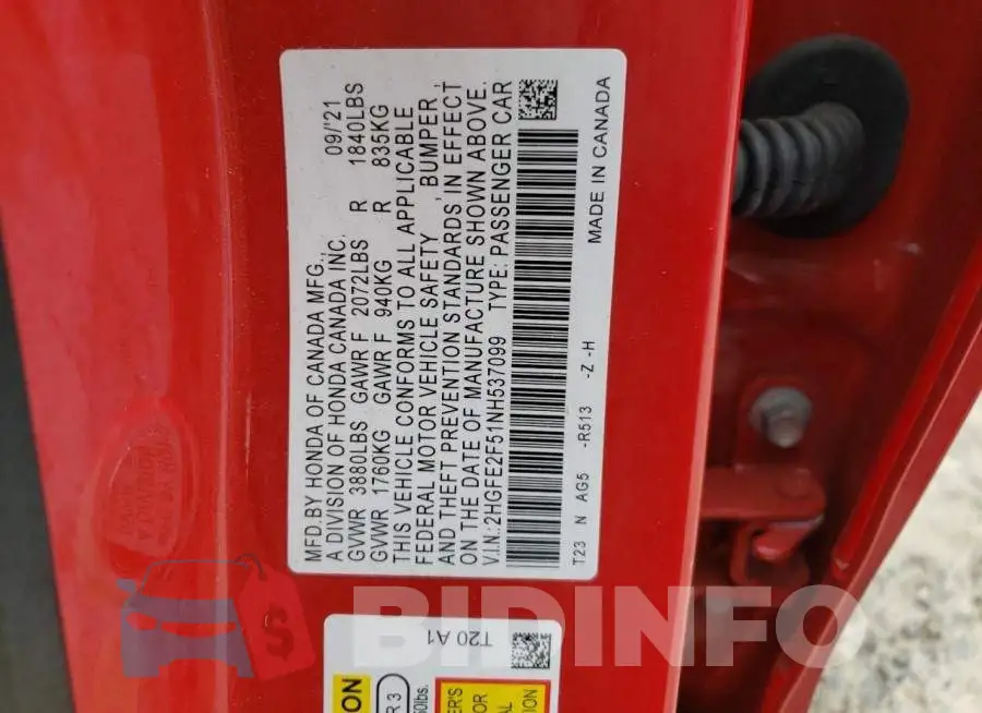 2HGFE2F51NH537099 Photo# 12