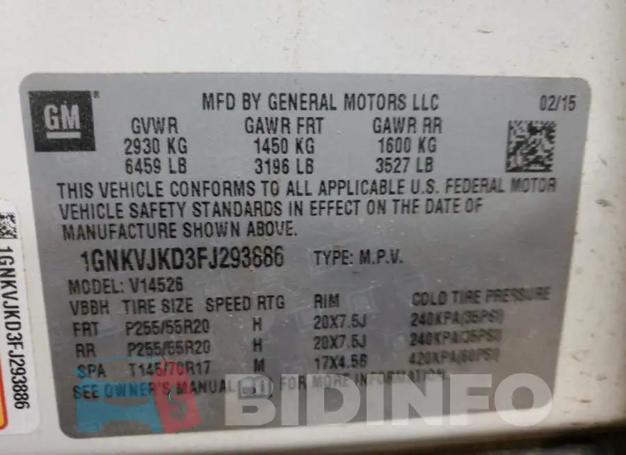 1GNKVJKD3FJ293886 Photo# 13