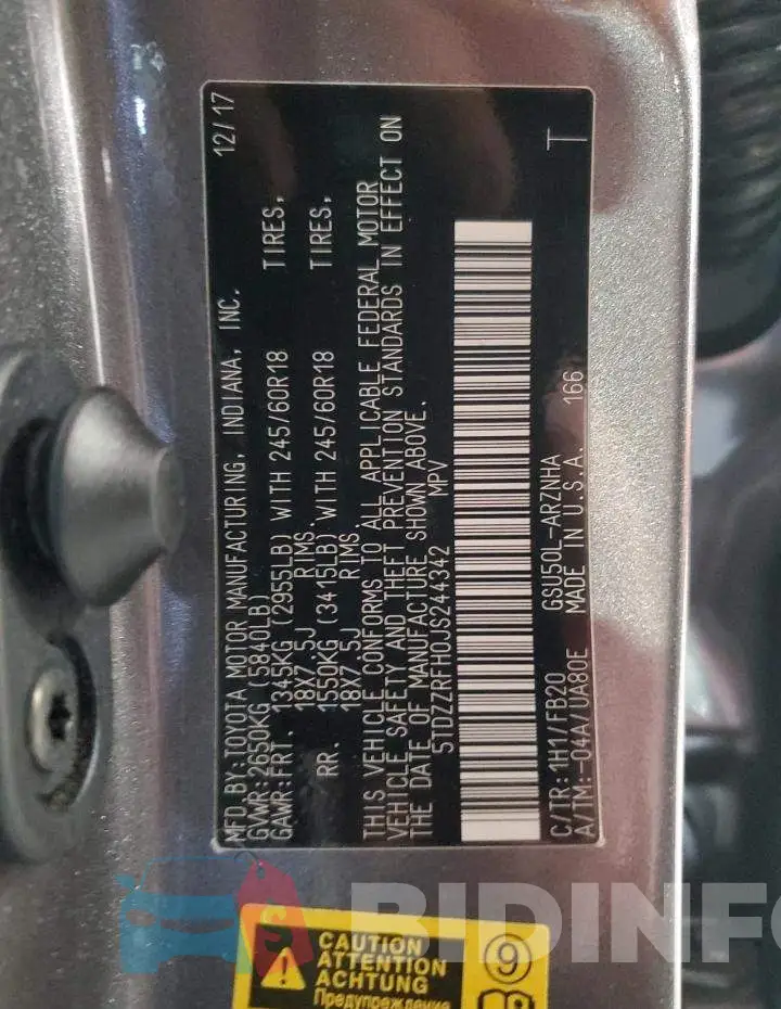 5TDZZRFH0JS244342 Photo# 13