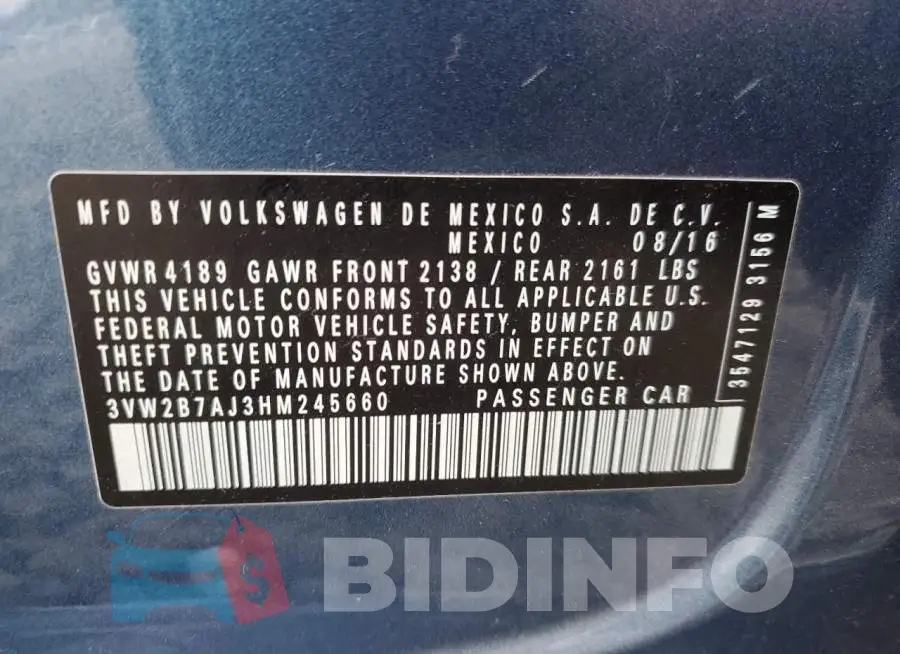 3VW2B7AJ3HM245660 Photo# 12
