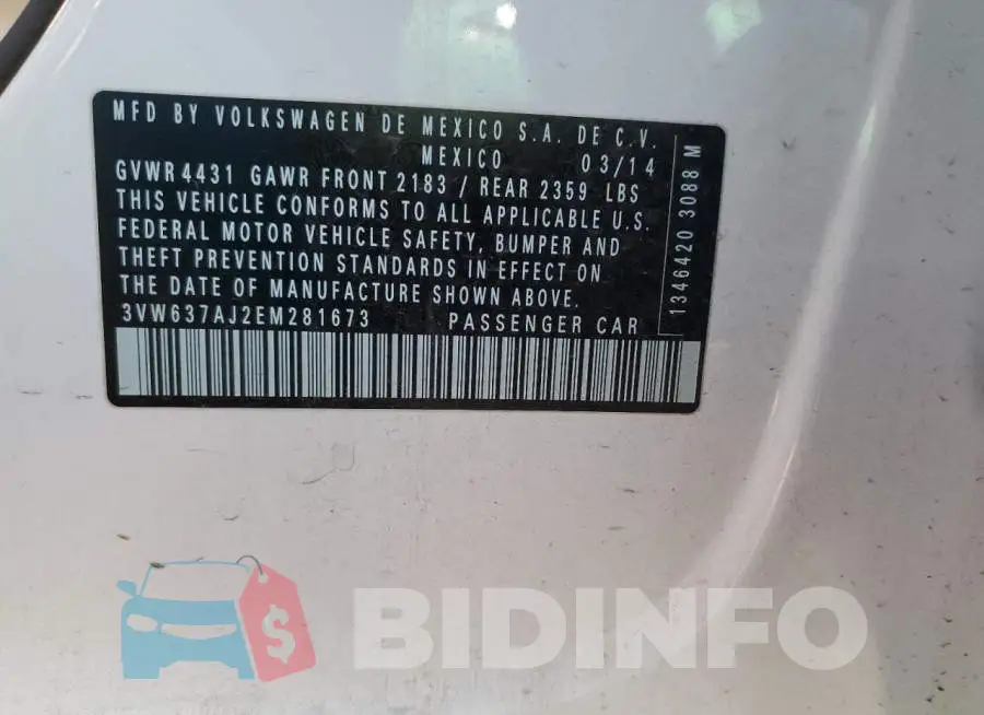 3VW637AJ2EM281673 Photo# 12
