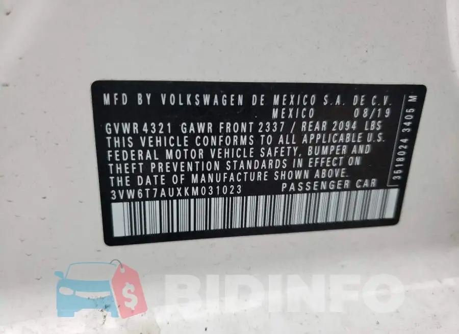 3VW6T7AUXKM031023 Photo# 13